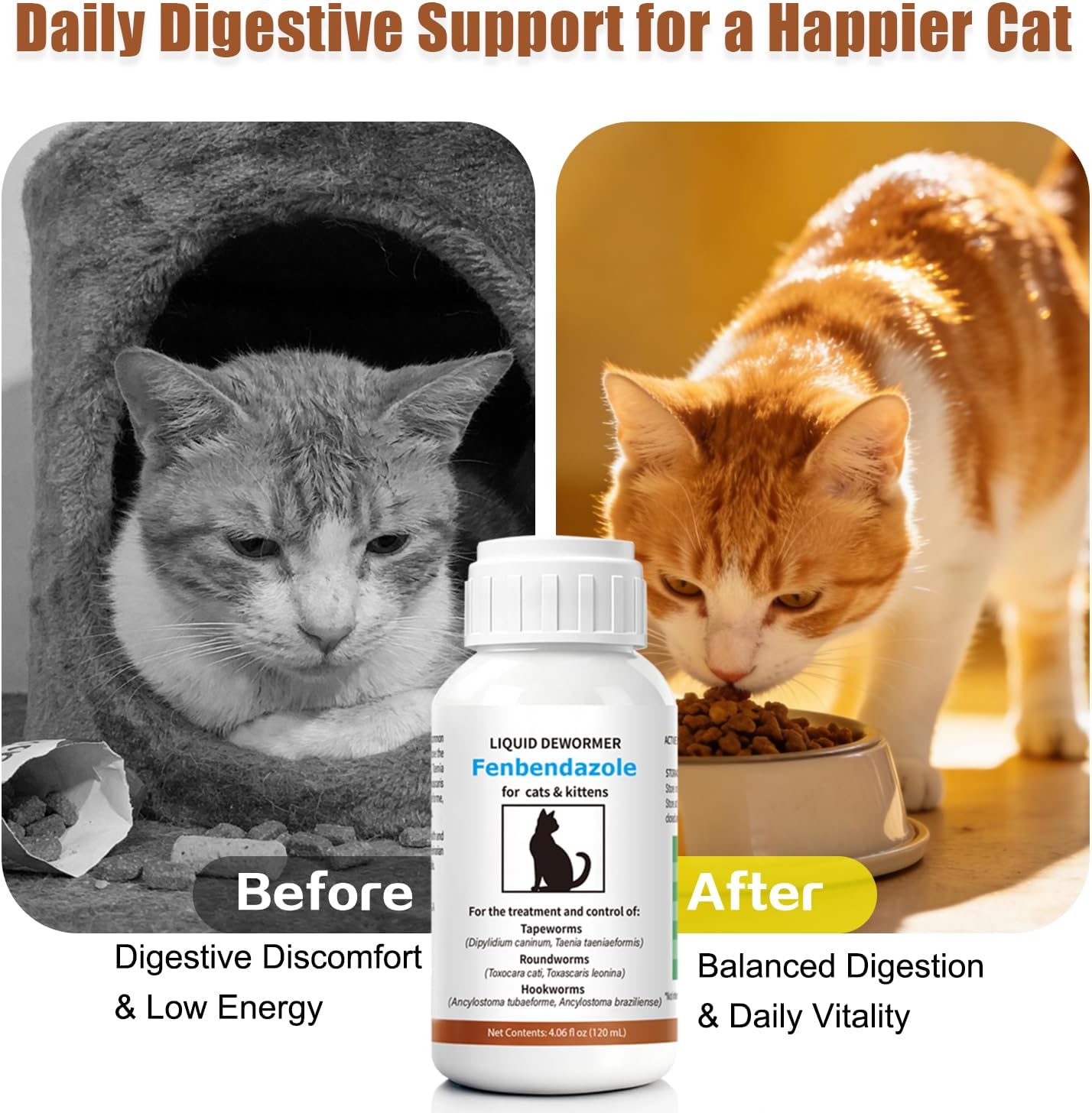 Premium imported fenbendazole liquid treatment for kittens and adult cats.