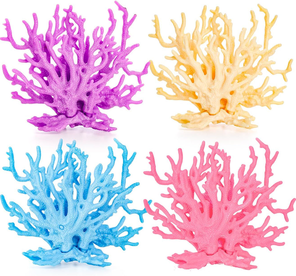 TOPZEA artificial aquarium coral decor four pack front view displaying colorful faux reef decorations