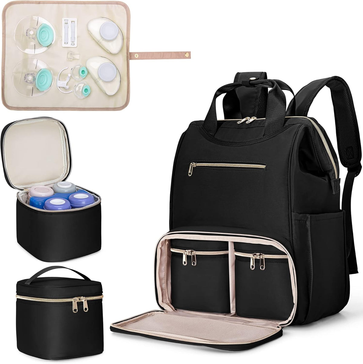 Fasrom wearable breast pump bag backpack in black front view showing quilted stitching