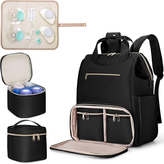 Fasrom wearable breast pump bag backpack in black front view showing quilted stitching