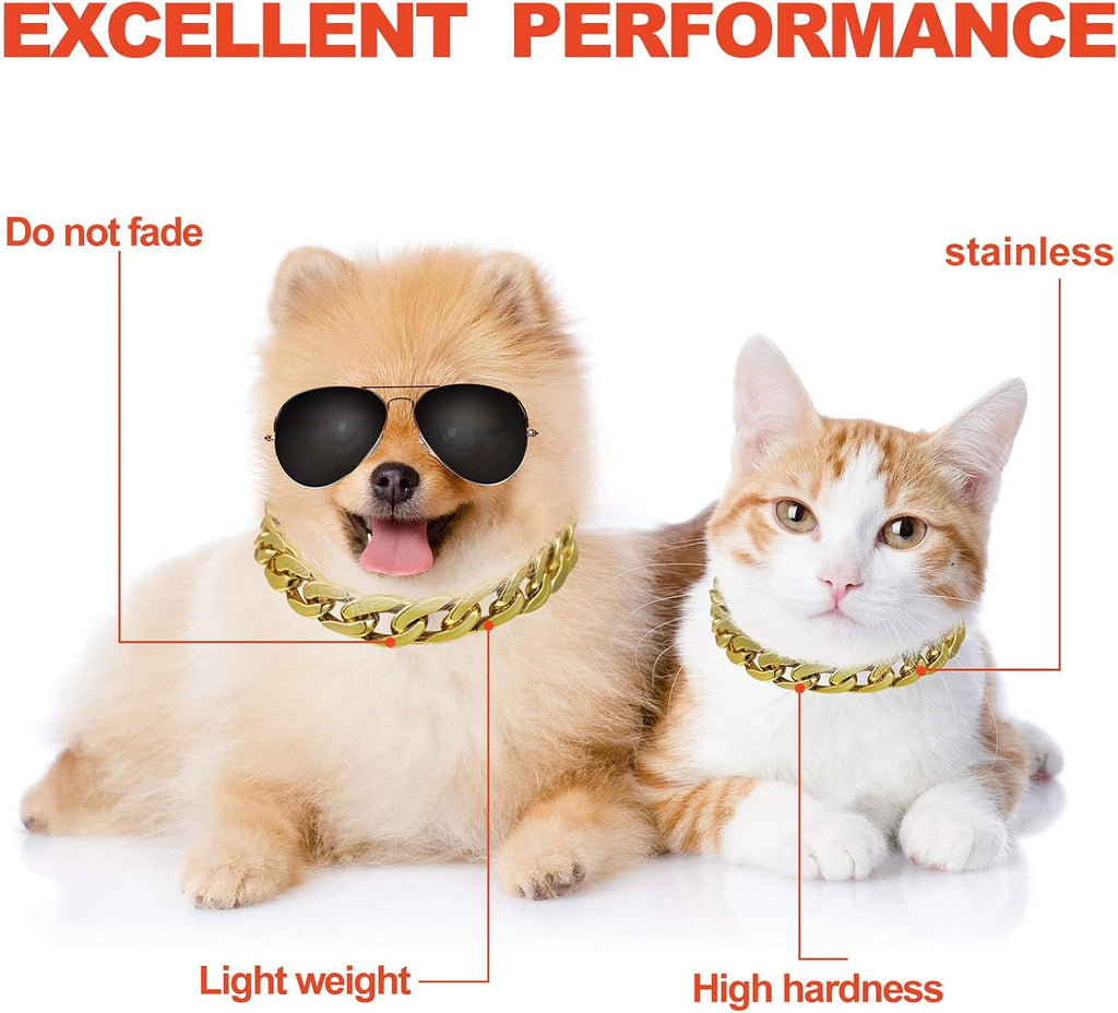 Two pieces of the Hicarer golden dog neck chain displayed side by side showing the adjustable extender