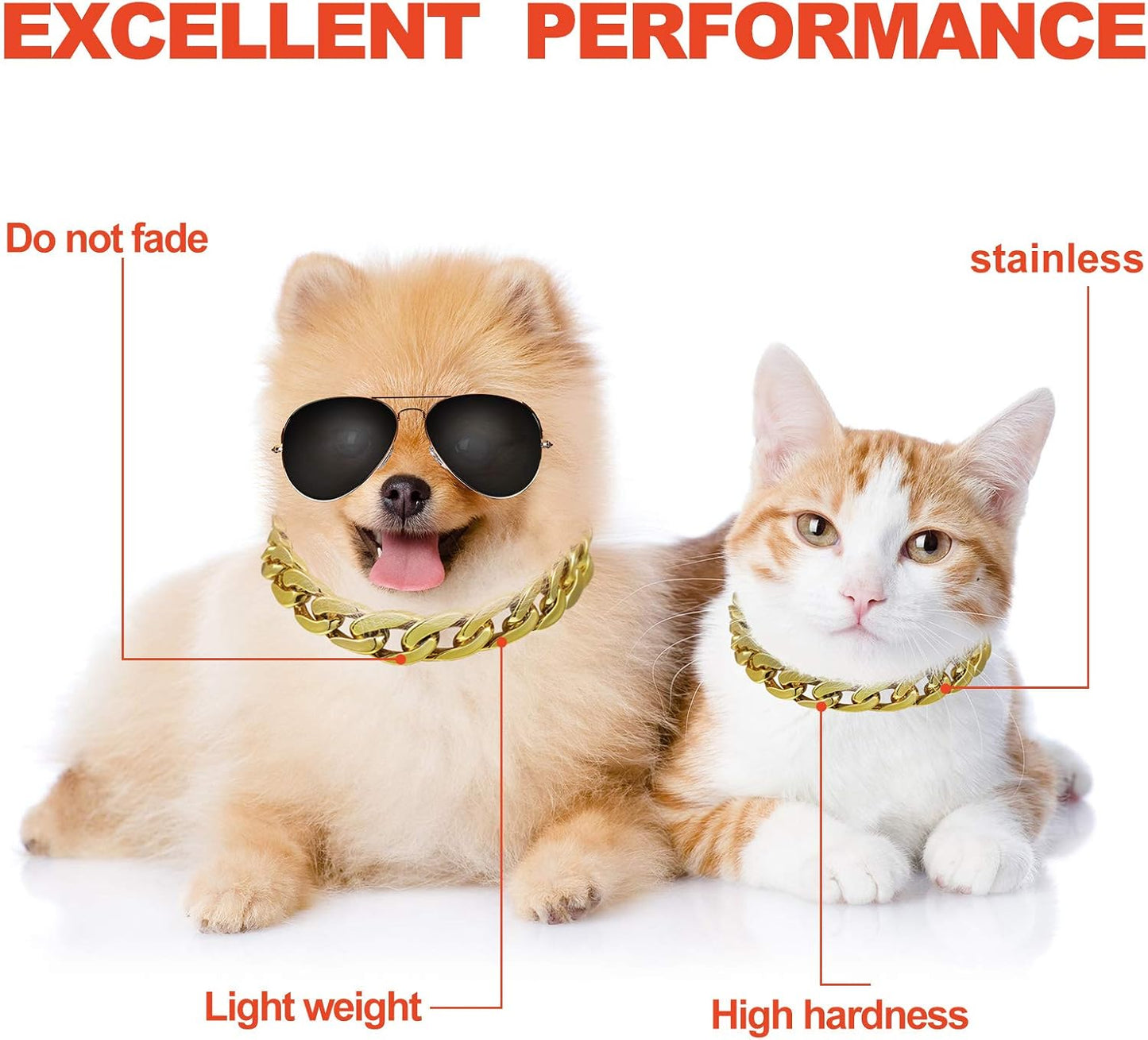 Two pieces of the Hicarer golden dog neck chain displayed side by side showing the adjustable extender