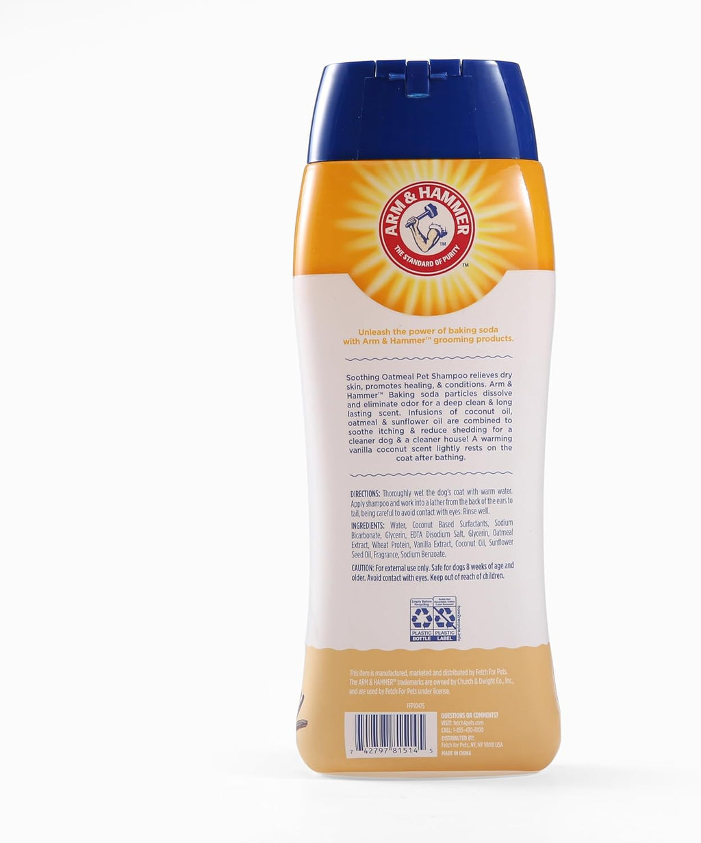 Arm and Hammer dog shampoo showing oatmeal and baking soda benefits