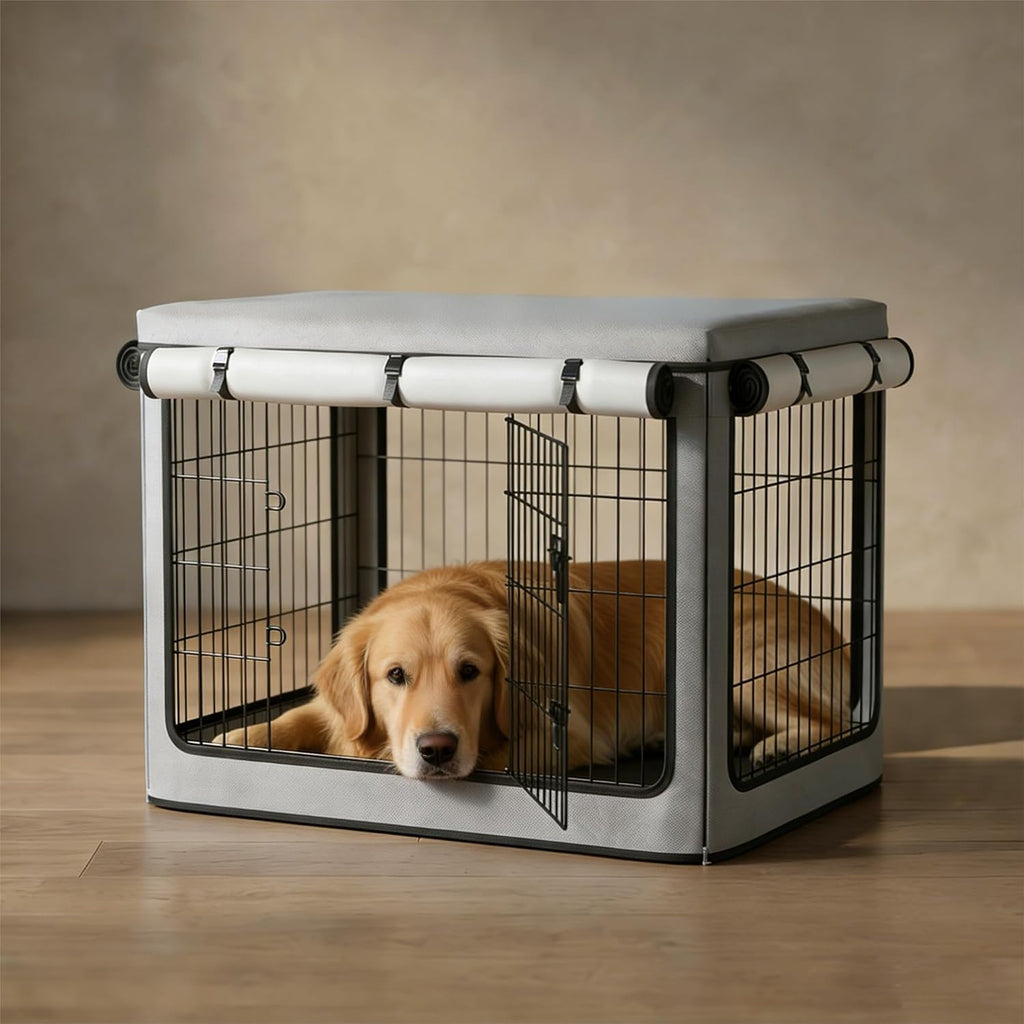 TBNO dog crate cover front view showing waterproof 1680D Oxford fabric on a wire cage