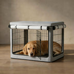 TBNO dog crate cover front view showing waterproof 1680D Oxford fabric on a wire cage