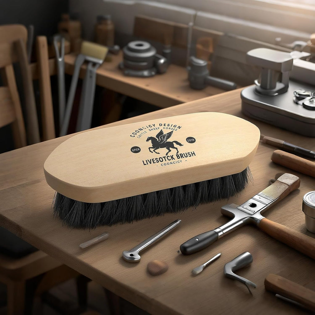 Ergonomic goat and cow grooming tool with durable wooden base.