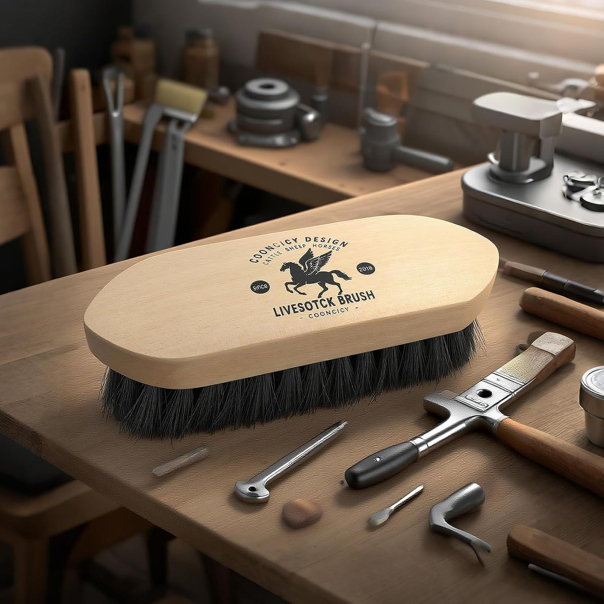 Ergonomic goat and cow grooming tool with durable wooden base.