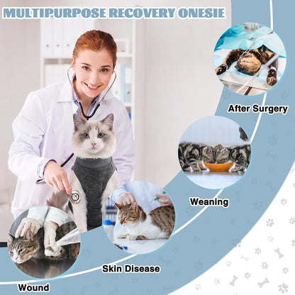 Adjustable neck feature on surgical onesie for cats