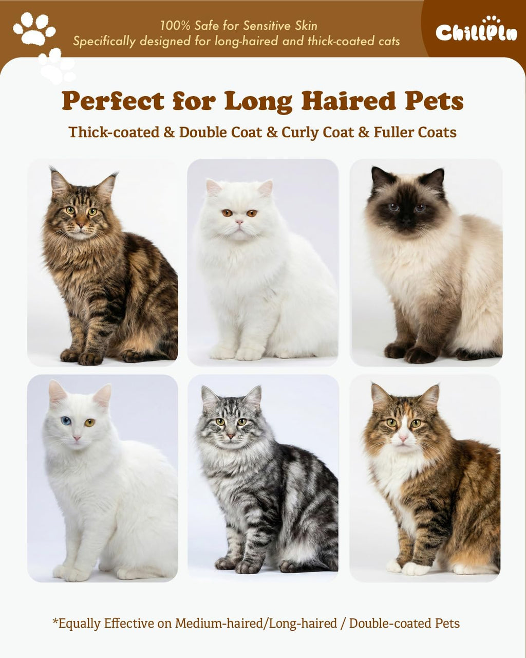 Comparison of Chillpln cat brush features for long hair maintenance