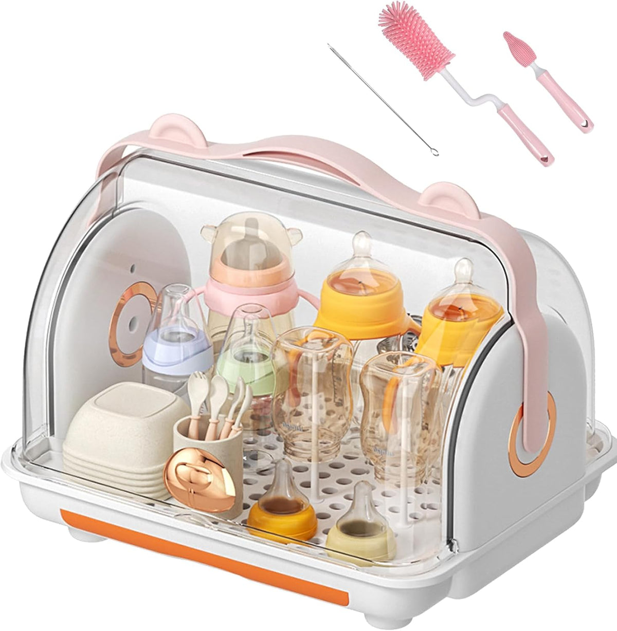 Baby Bottle Drying Rack Storage with 3 Brush, Nursing Bottle Storage Box Organizer with Cover, Portable Kitchen Cabinet Organizer, Durable countertop Dryer (Orange) - Image 1