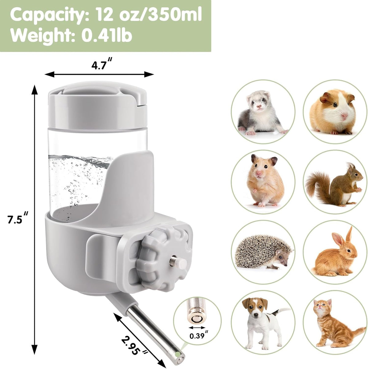 Depets Guinea Pig Water Bottle No Drip, 12 oz Small Animal Water Dispenser for Rabbit Hamster Rat Ferret Kitten, Top Refill Cage Water Bottle with Screw Fastener - Image 5