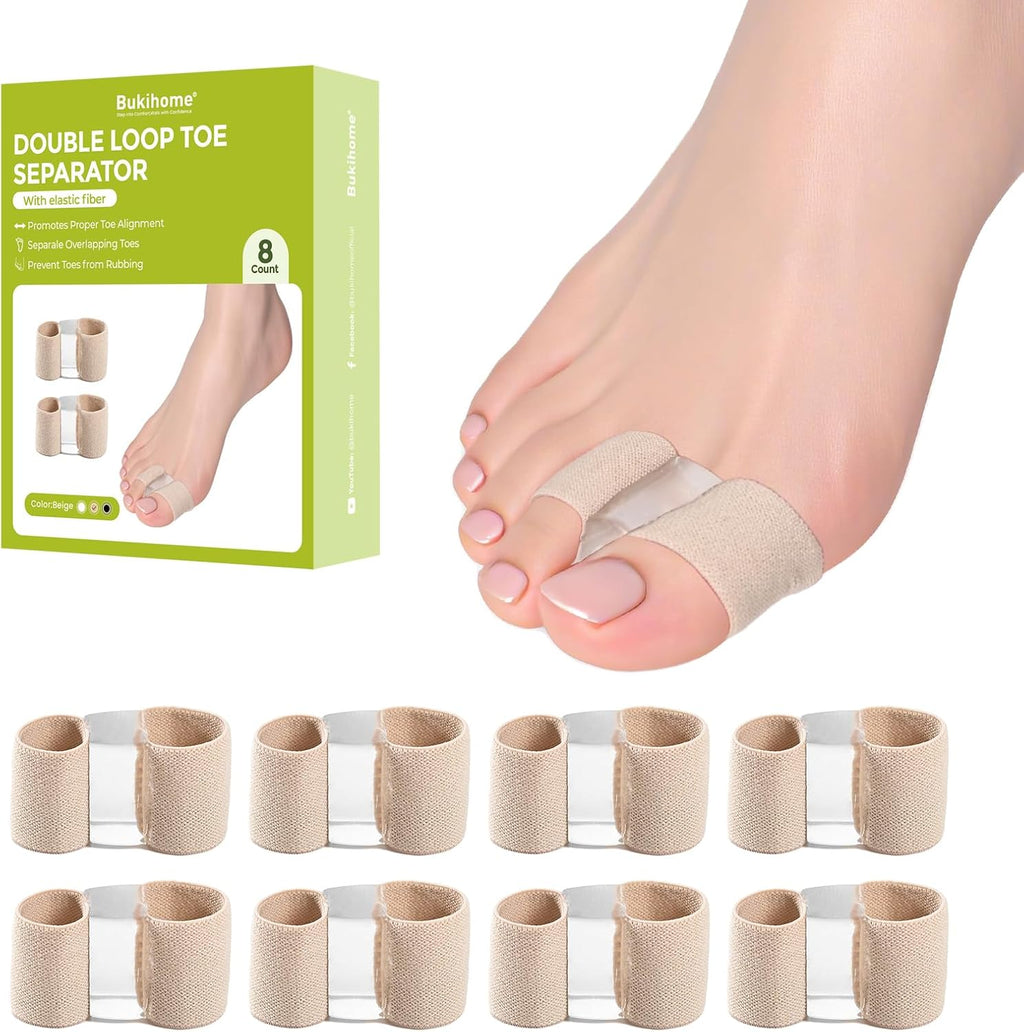 Bukihome toe separators front view showing the beige fabric and gel double loop design for bunion correction.