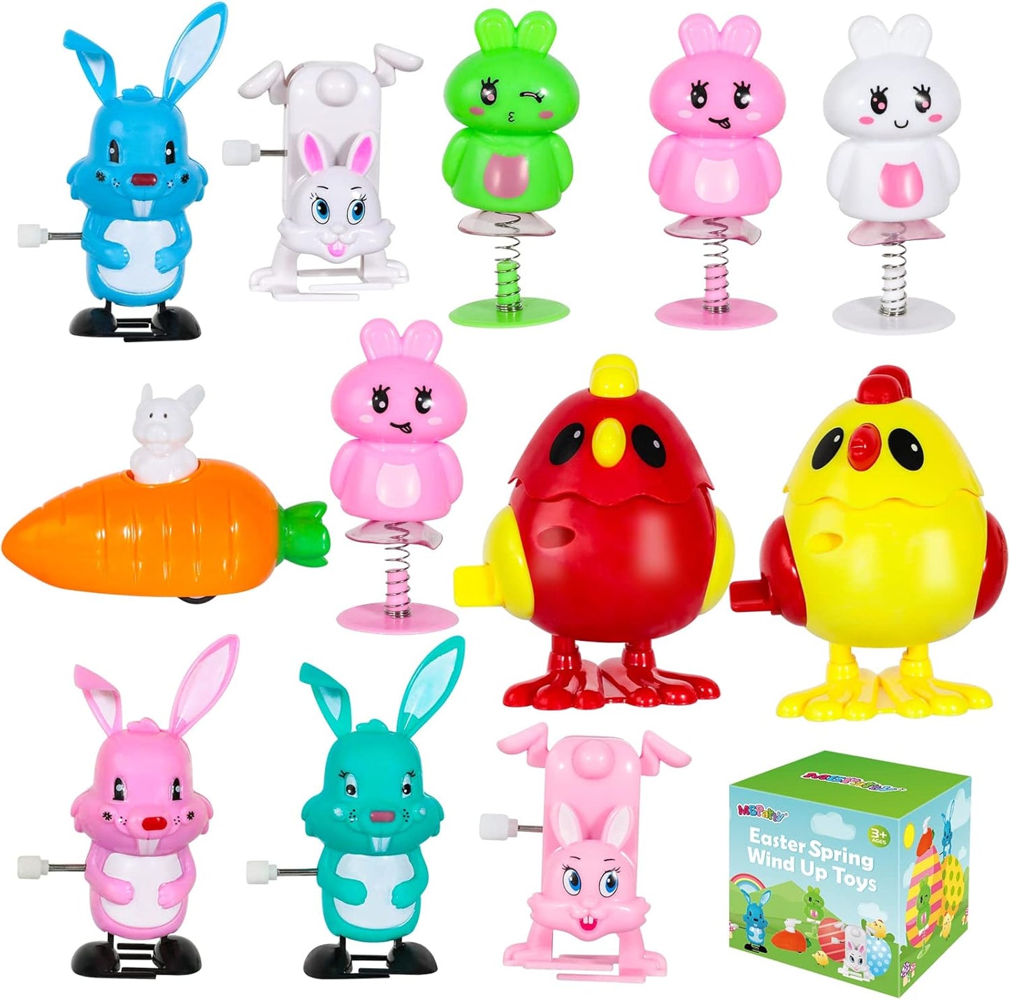 MGparty 12 Pack Easter Wind Up Toys front view showcasing full assortment of colorful bunnies and chicks