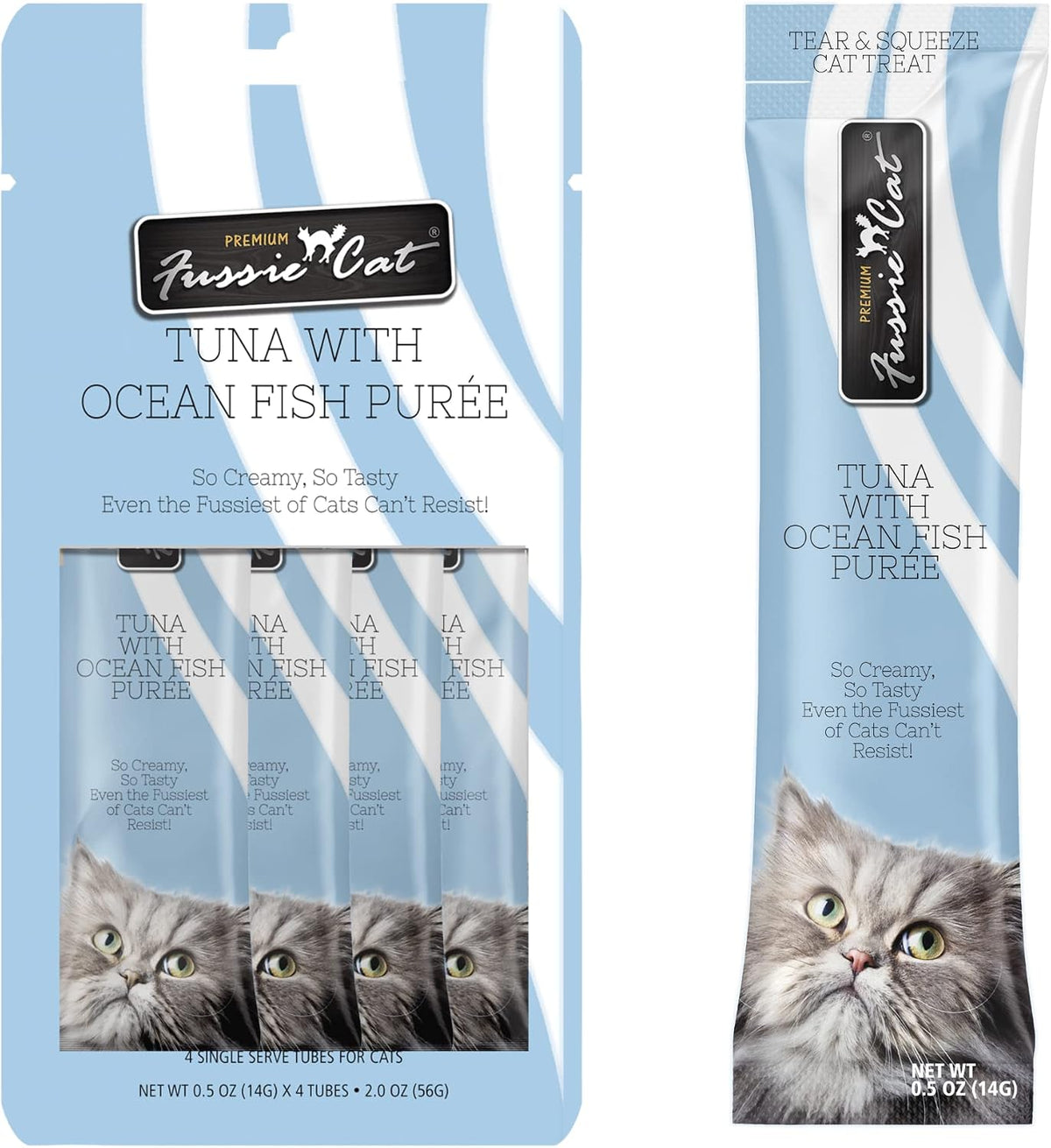 Fussie Cat lickable cat treat tubes arranged vertically