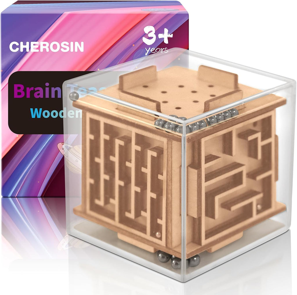 CHEROSIN 6 sided wooden fidget puzzle cube toy front view showcasing premium beech wood maze pathways
