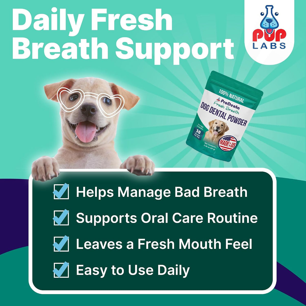 Pup Labs ProDenta all natural dog breath freshener container with scoop