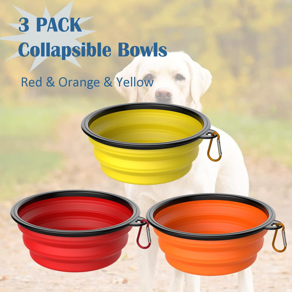 Folded red orange and yellow silicone dog travel bowls showing flat profile