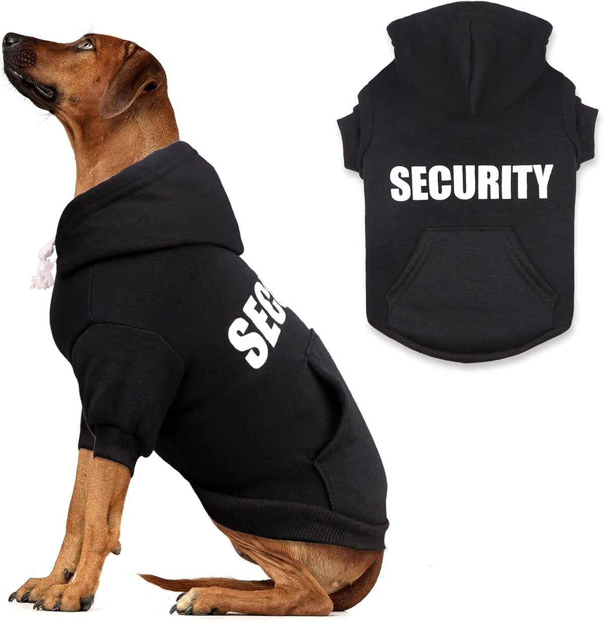Uteuvili security dog hoodie front view showing black fleece material.