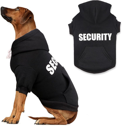 Uteuvili security dog hoodie front view showing black fleece material.