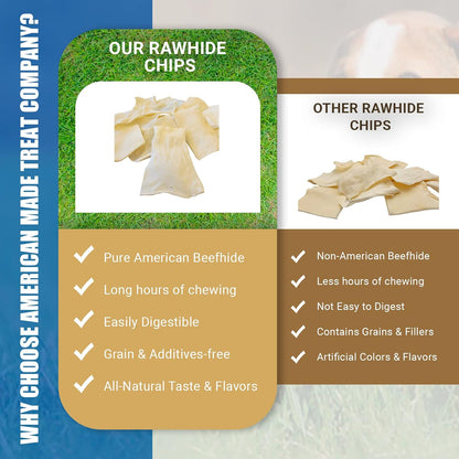 Close up of high protein single ingredient beef hide chips demonstrating thickness for dental health.
