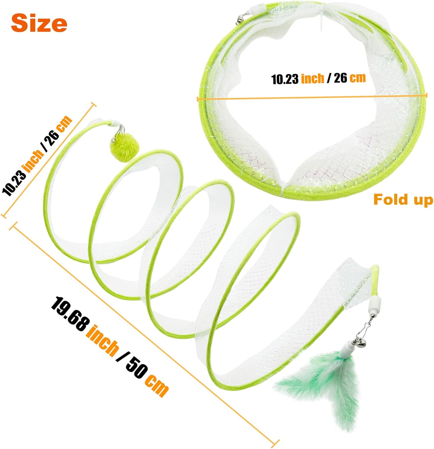 Indoor cat peeking through the green spiral pet runway toy