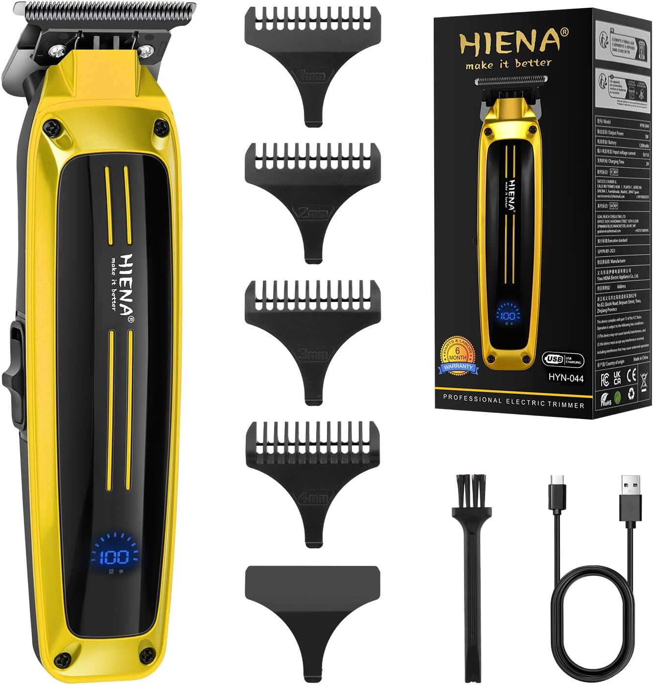 HIENA PRO professional electric hair trimmer front view showing gold finish and LED display