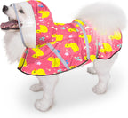 Eiaayer dog raincoat front view showing the waterproof duck pink design on a puppy.