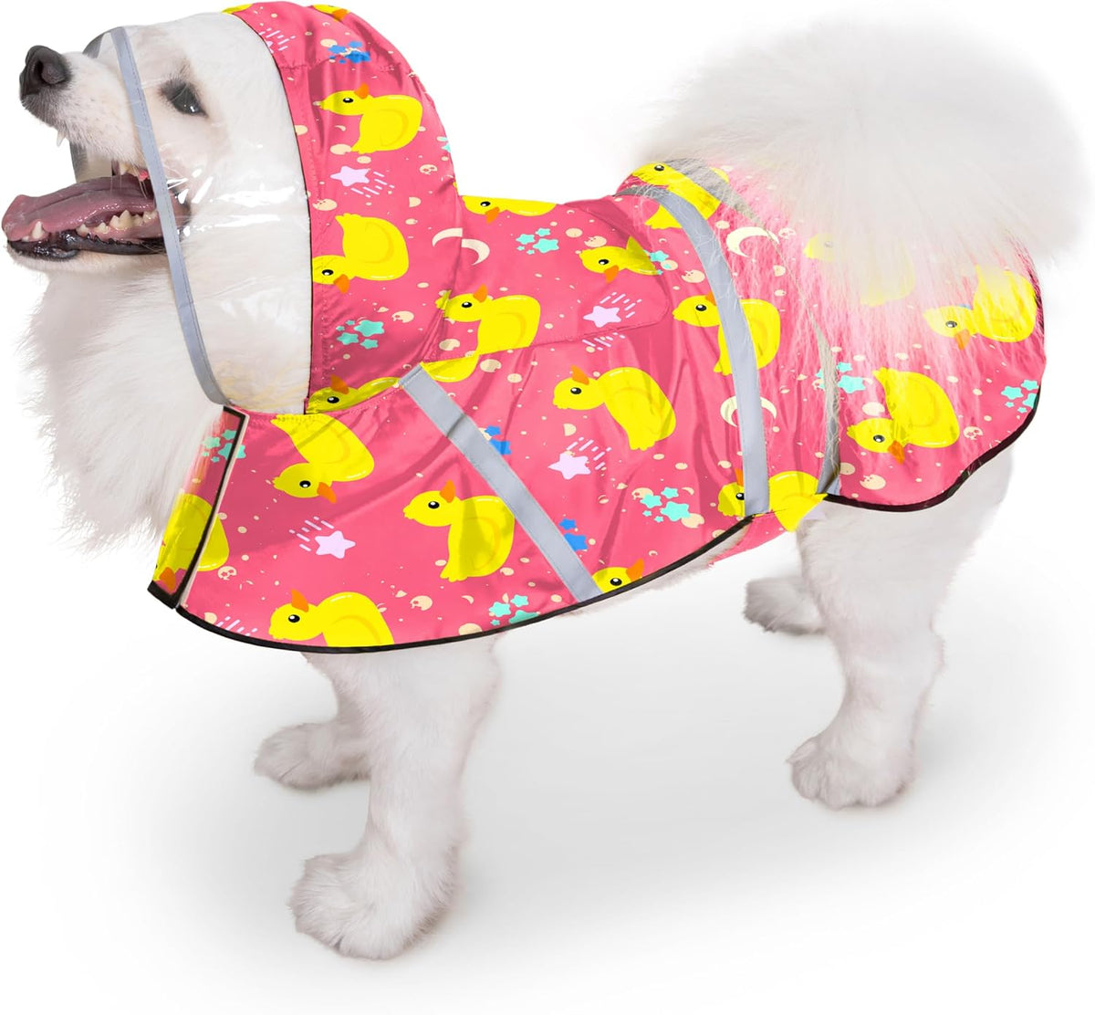 Eiaayer dog raincoat front view showing the waterproof duck pink design on a puppy.