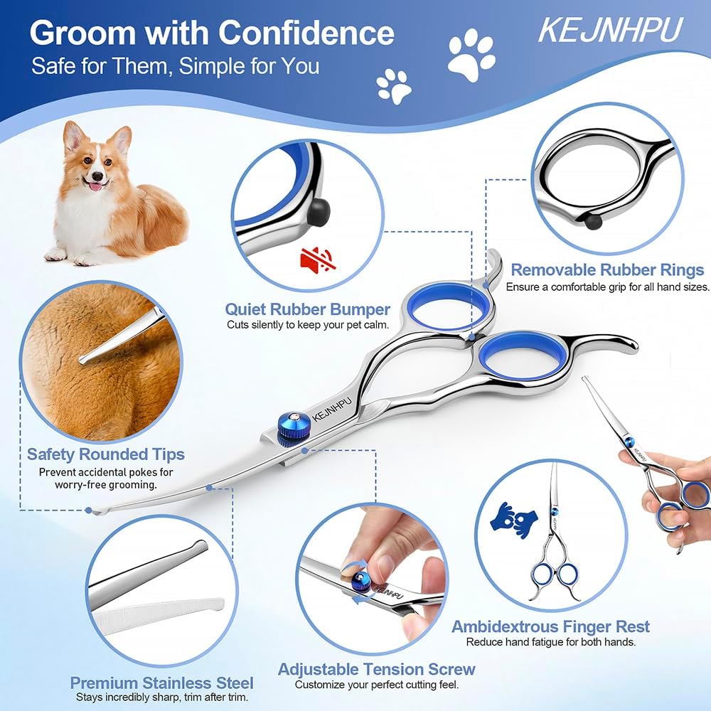 Ergonomic rubber ring handles on the stainless steel pet grooming scissors