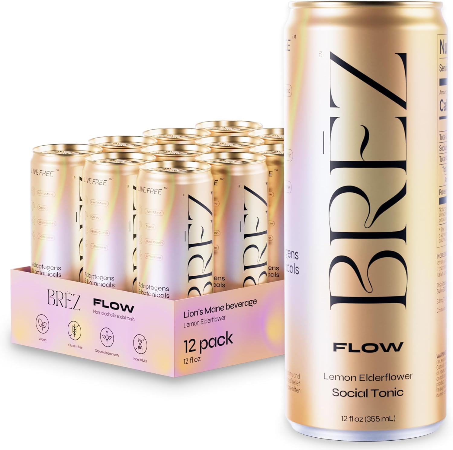 BREZ FLOW Lions Mane Mushroom Drink front view pack of twelve cans