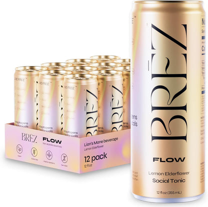 BREZ FLOW Lions Mane Mushroom Drink front view pack of twelve cans