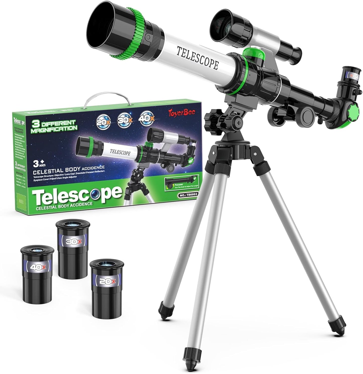 ToyerBee telescope for kids front view showing seventy millimeter refractor lens setup on an aluminum tripod.