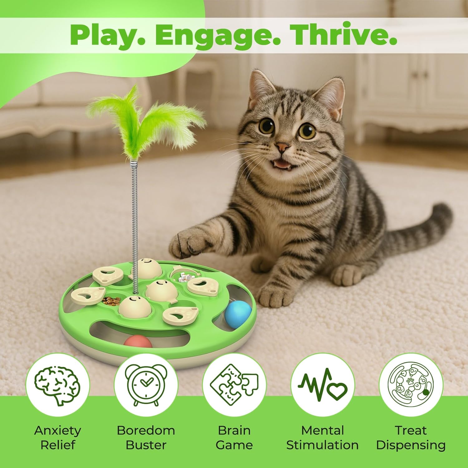 Interactive level three cat toy with spinning track balls and feather teaser attachment