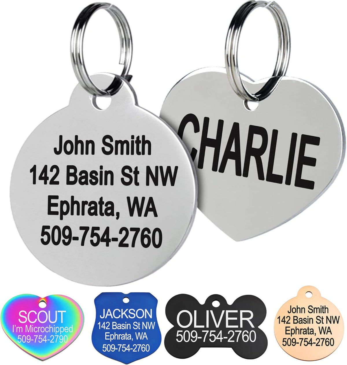 GoTags Stainless Steel Pet ID Tags, Personalized Dog Tags and Cat Tags, up to 8 Lines of Custom Text, Engraved on Both Sides, in Bone, Round, Heart, Bowtie and More (Dog Bone, Regular (Pack of 1)) - Image 12