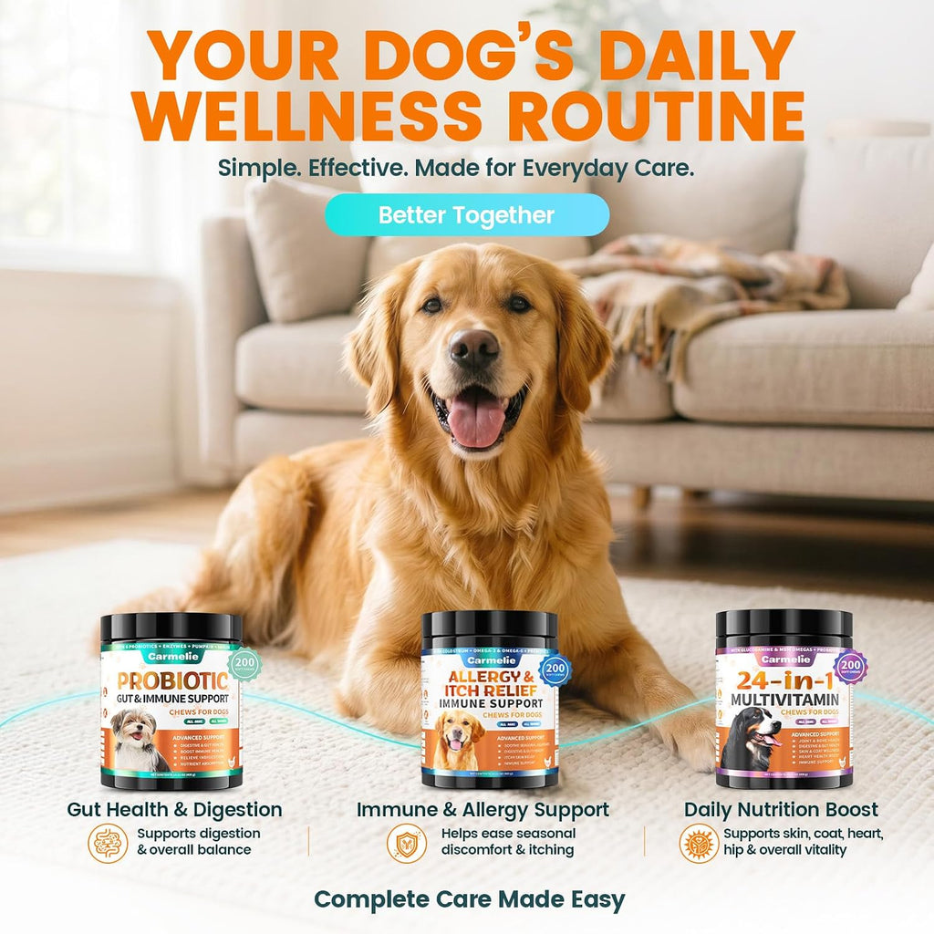 Carmelie premium dog chews with prebiotic inulin and fructooligosaccharides for canine vitality.