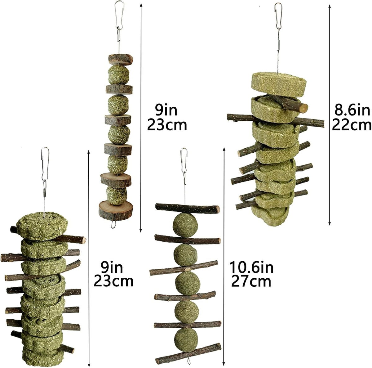 Natural hanging rabbit chew treats suspended inside a wire pet cage enclosure.
