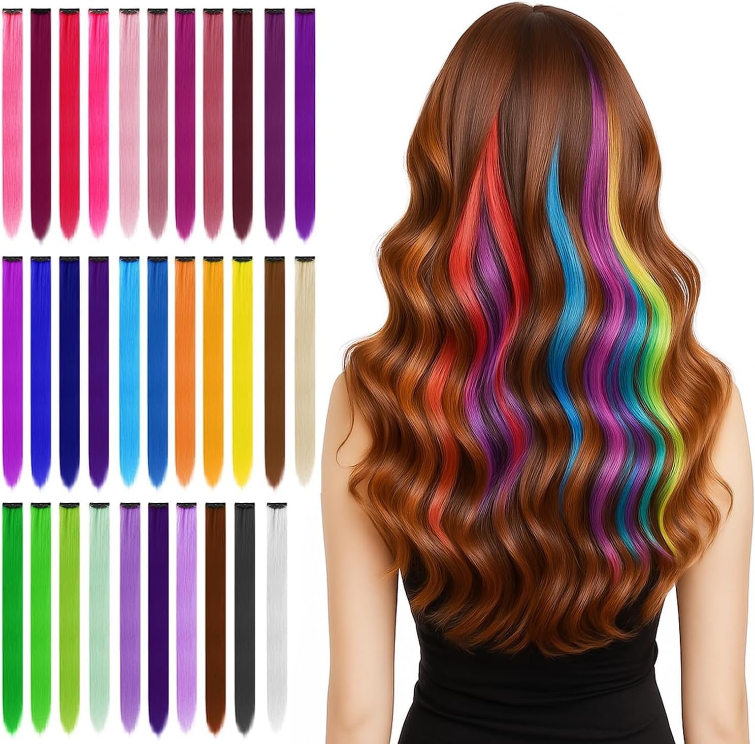 BEAHOT colored clip in hair extensions front view displaying thirty two rainbow synthetic hairpieces