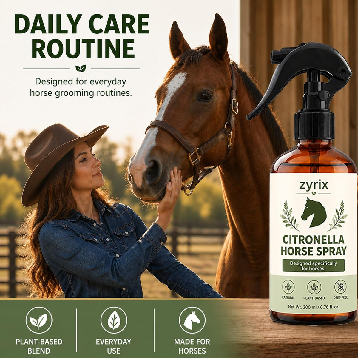 Close up of Zyrix plant-based horse spray label.
