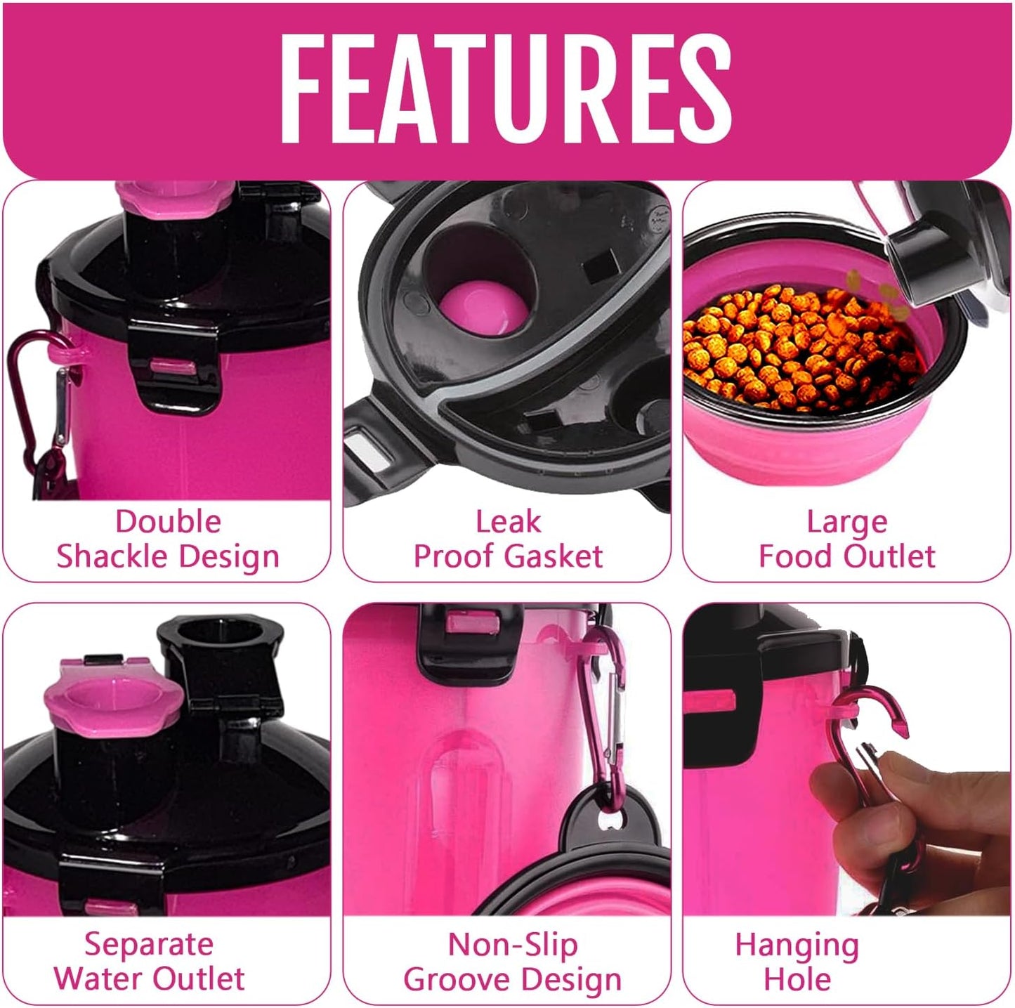 Portable 2-in-1 pet food and water container showing separate dual pouring lids
