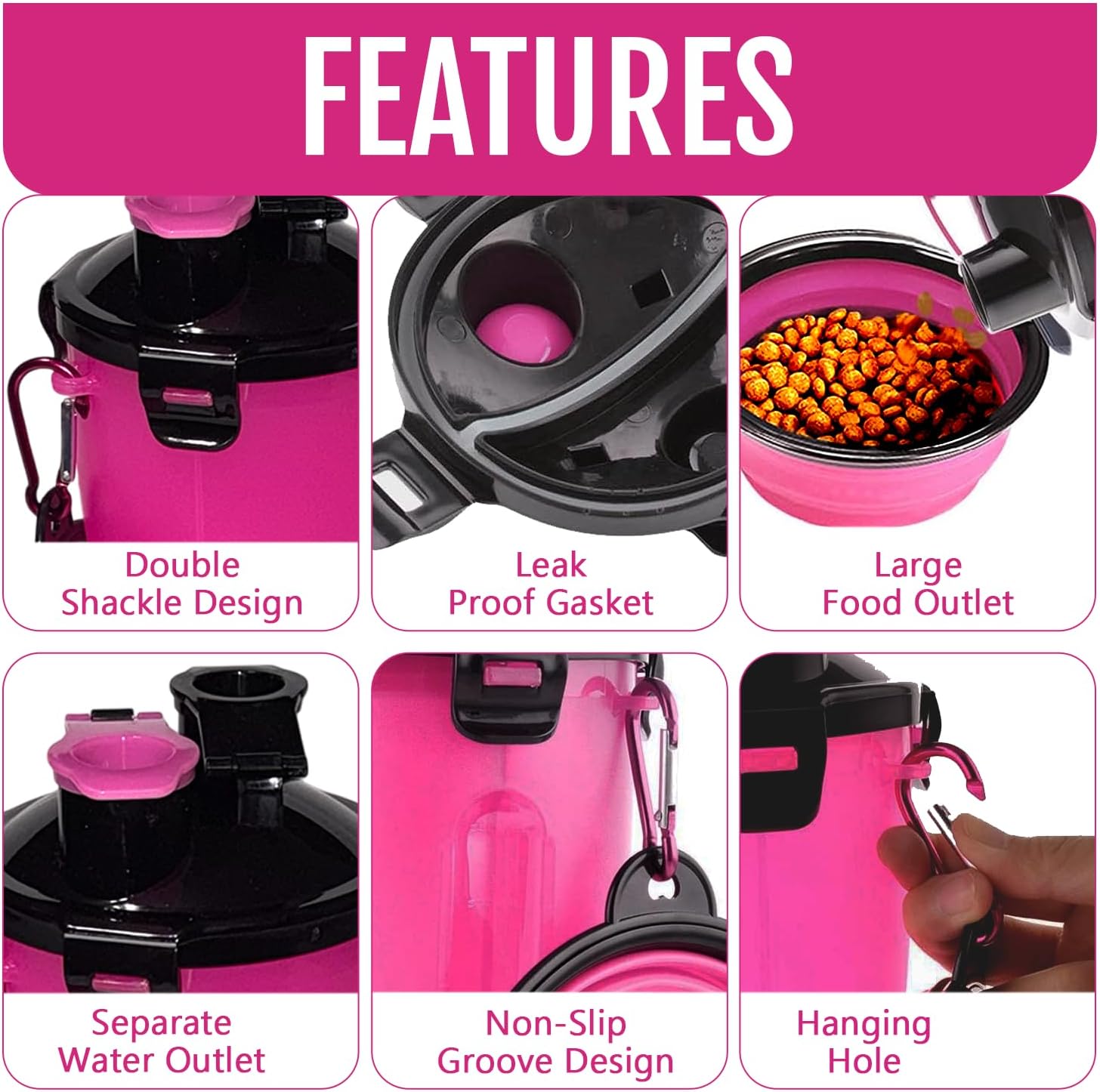 Portable 2-in-1 pet food and water container showing separate dual pouring lids
