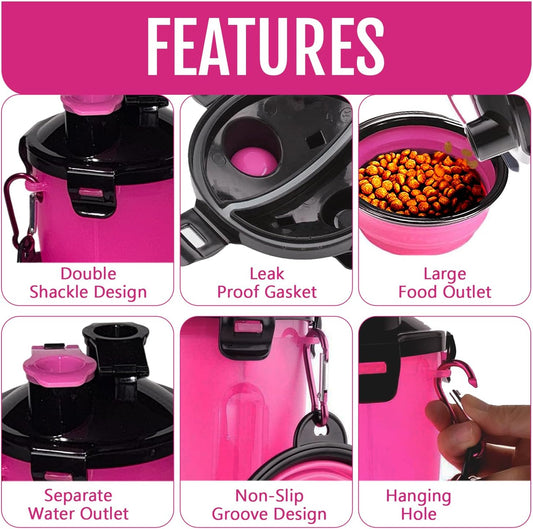 Portable 2-in-1 pet food and water container showing separate dual pouring lids