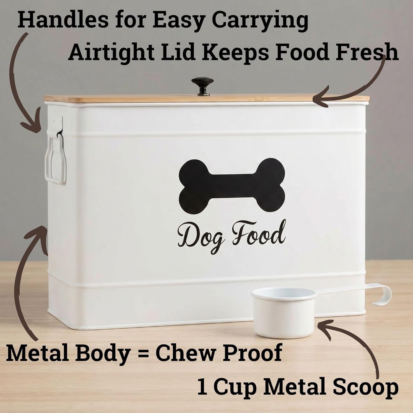 Dog Food Container Airtight 15-20 lb (70 Cup) Capacity with Metal Scoop - Cute Airtight Dog Food Storage Container with Bamboo Lid - White Metal Kibble Storage Bin for Dogs up to 100 lbs - Big Pet Jar - Image 2