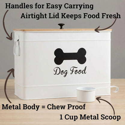 Dog Food Container Airtight 15-20 lb (70 Cup) Capacity with Metal Scoop - Cute Airtight Dog Food Storage Container with Bamboo Lid - White Metal Kibble Storage Bin for Dogs up to 100 lbs - Big Pet Jar - Image 2