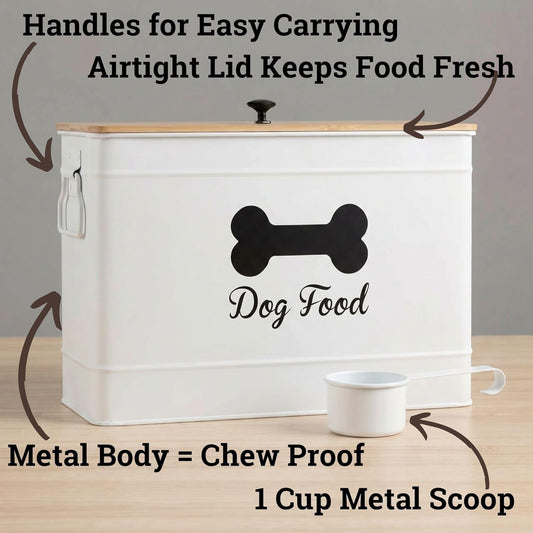 Dog Food Container Airtight 15-20 lb (70 Cup) Capacity with Metal Scoop - Cute Airtight Dog Food Storage Container with Bamboo Lid - White Metal Kibble Storage Bin for Dogs up to 100 lbs - Big Pet Jar - Image 2