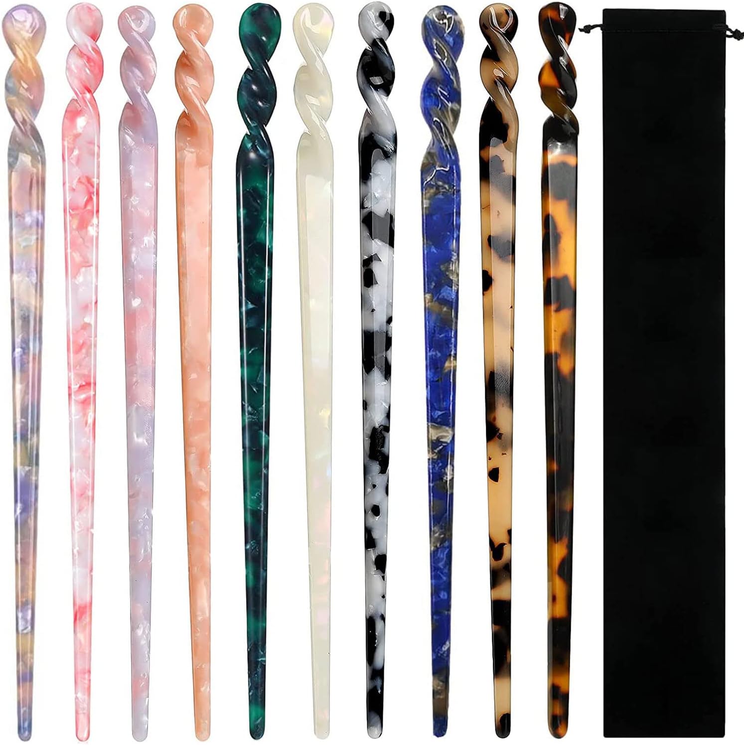 La Jolie Jasmin acetate hair sticks front view showcasing ten pieces of leopard print and tortoise shell pins
