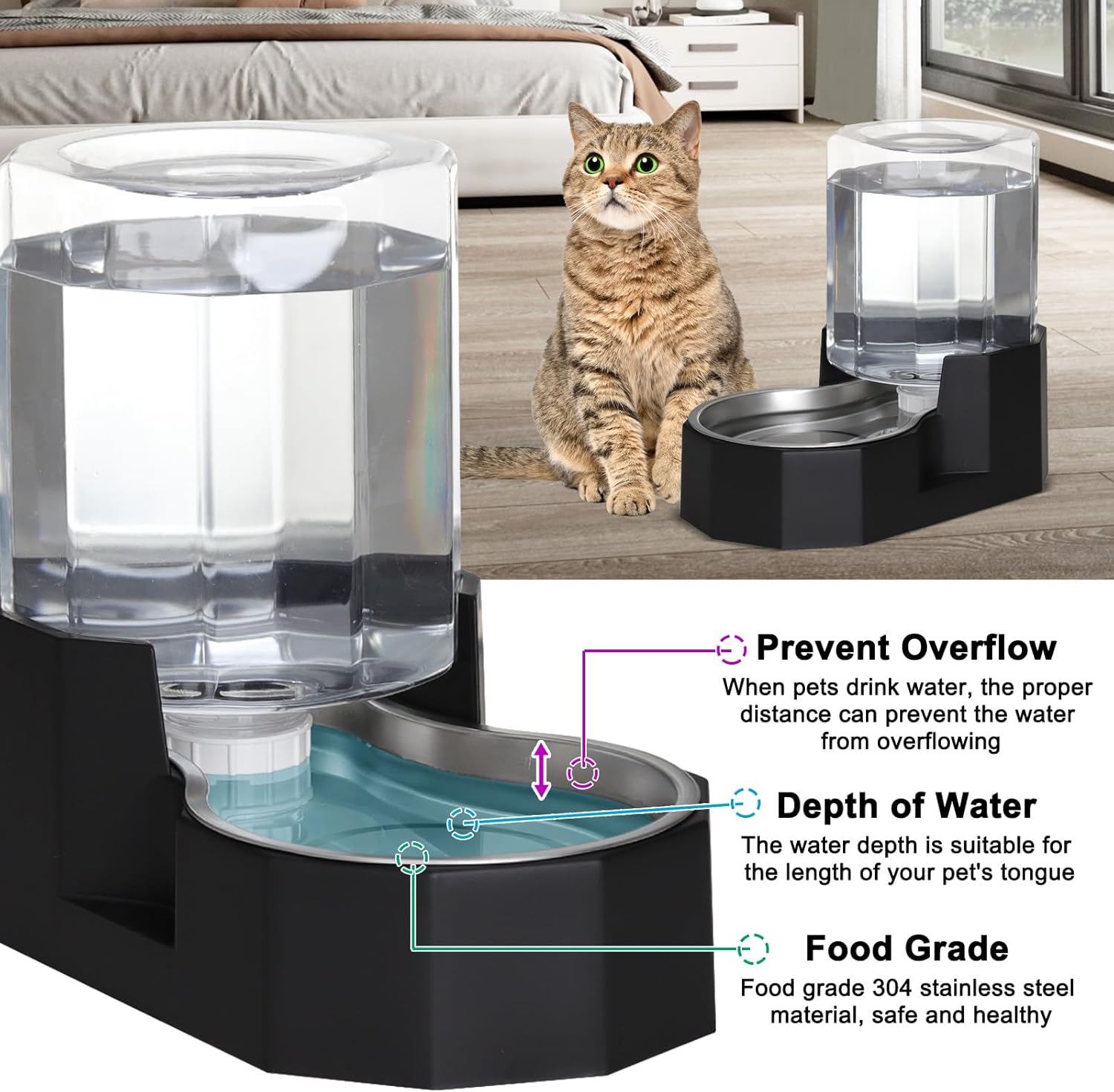 Sfozstra automatic gravity-fed pet hydration system placed inside a modern dog crate area.