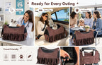 Small dog resting comfortably inside western style pet purse