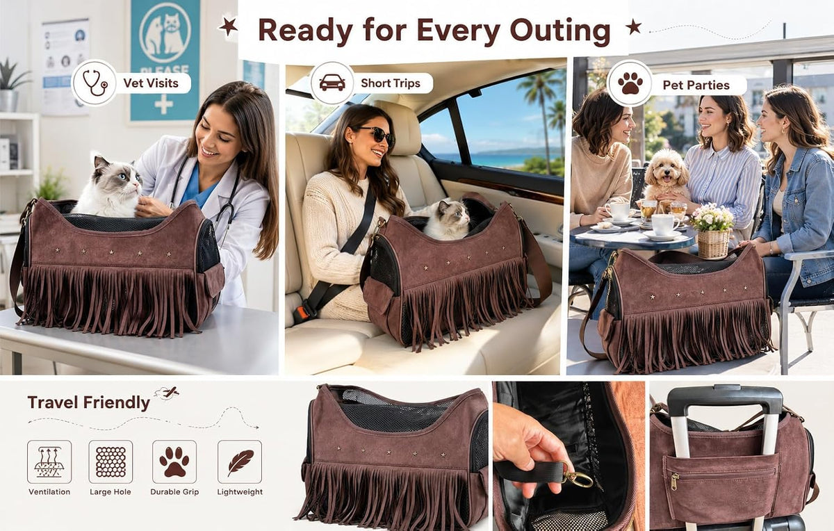 Small dog resting comfortably inside western style pet purse