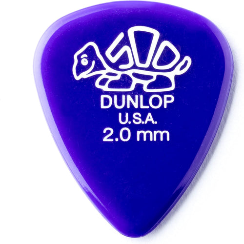 Dunlop Delrin 500 two millimeter purple guitar picks front view