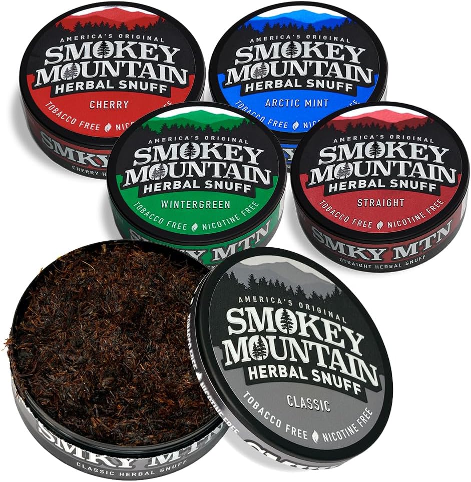 Smokey Mountain Herbal Long Cut 5 Can Sampler Box front view nicotine free snuff.